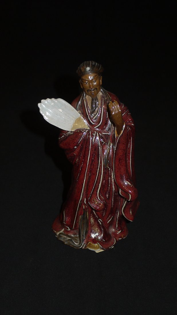 A SHI WAN MING STYLE ZHU GE LIANG MADE BY LIU CHUAN: beautiful ceramic figure of Zhu Ge Liang. Height=24cm. 石湾名陶诸葛亮