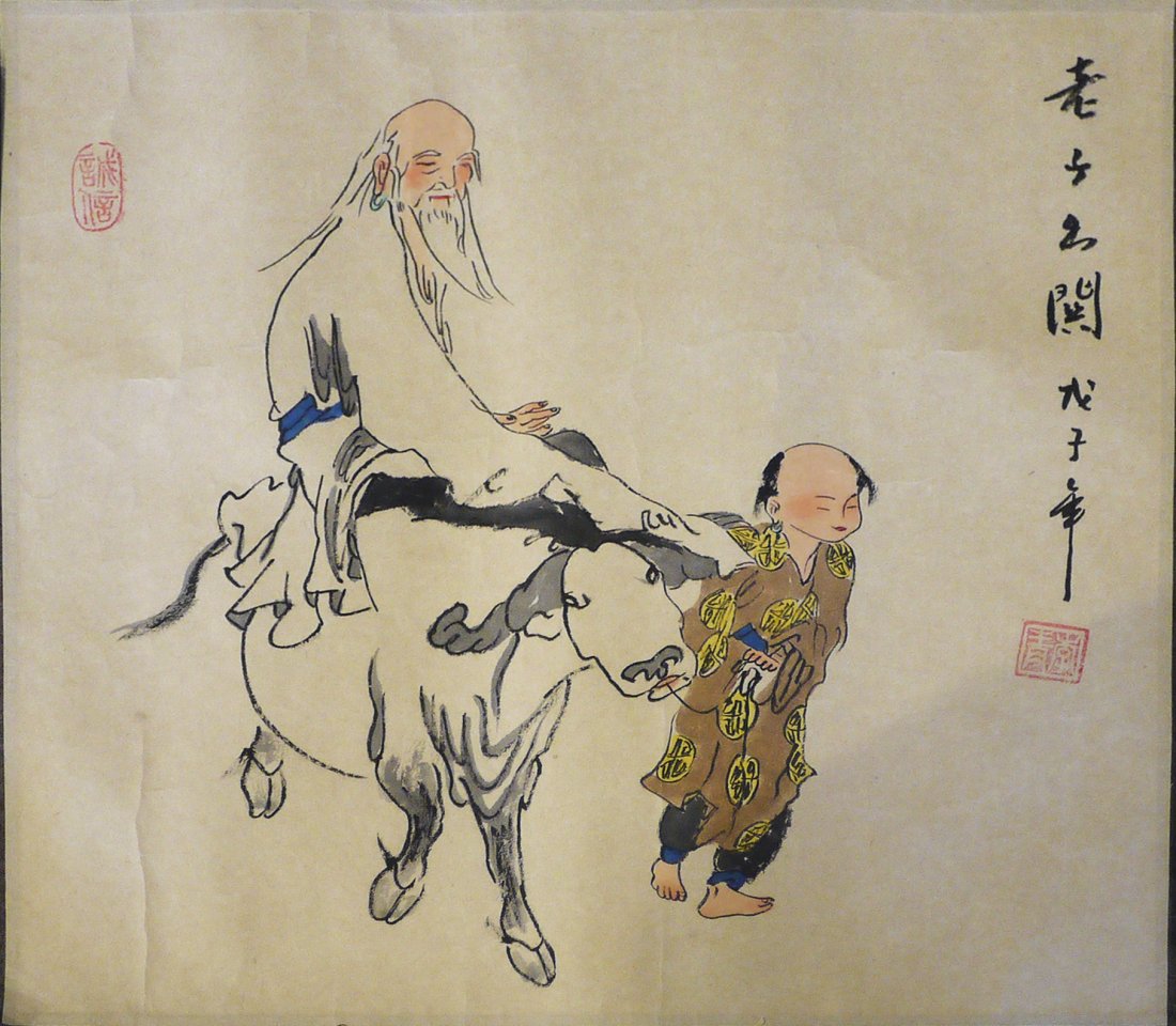 Chinese Painting: Chinese Painting of old man and child. Size：32cm*31cm. The painting is very generous and vividly. 老子出阁龙子年图 尺寸：32