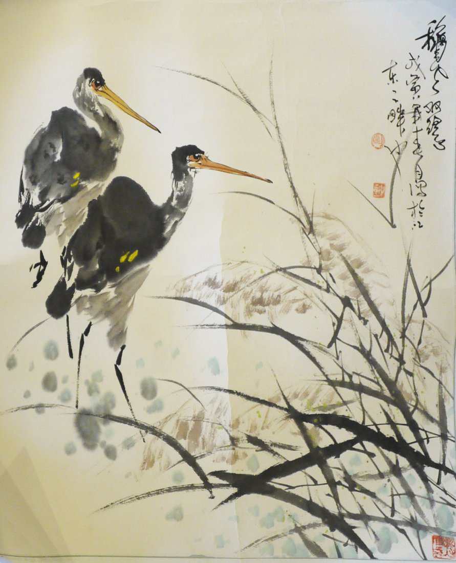 Chinese Painting: Chinese Painting of birds. Size: 86cm*63cm.水墨画野鹤,尺寸：86厘米*63厘米。. 描绘了两只ŵ