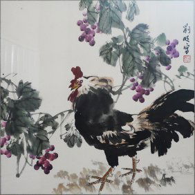 Chinese Painting: A PAINTING OF ROOSTER BY LUI WANG.a painting by Liu Wang, painted broad brush strokes with bold colours of red, yellow, purple, green, brown and black, depicting a rooster stood amoungst grape vines,
