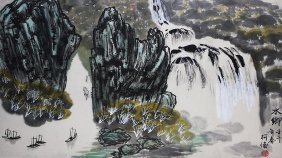 Chinese Painting: A PAINTING OF LANDSCAPE BY KE JUN。depicting landscape with waterfall, rocky mountains and boats travelling through the river, left portion with Chinese script and red seal, framed, 80cm x 50cm.
