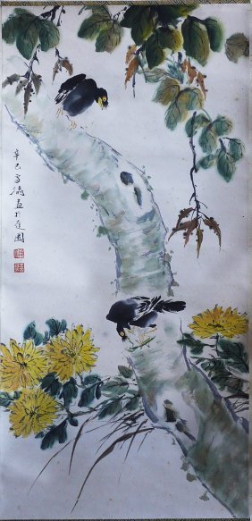 Chinese Painting: A PAINTING OF BIRDS BY WANG XUETAO (1903-1982).a long scroll painting paper mounted on silk by Wang Xuetao, painted in fine brush strokes in various hues of green, yellow, brown and black on canvas, d