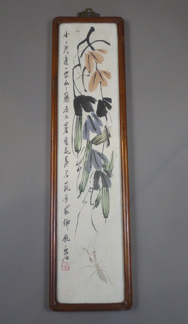 Chinese Painting: Chinese Painting of flowers, framed. Size:67cm*18cm. 水墨花草图，尺寸：67厘米*18厘米，带镜框