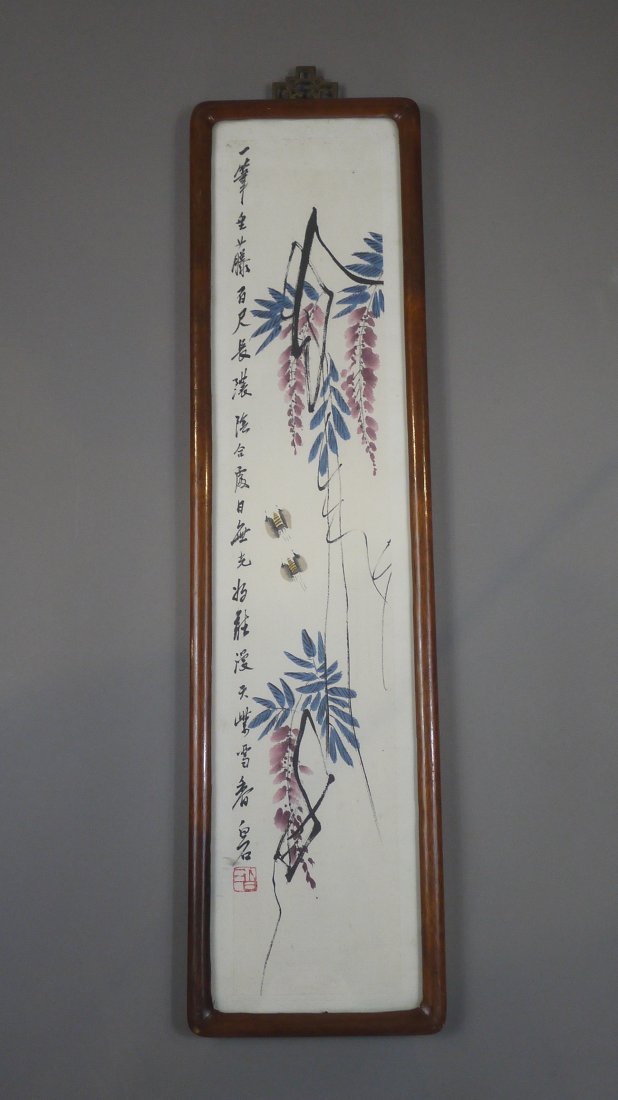 Chinese Painting: Chinese Painting of flowers, framed. Size:67cm*18cm. 水墨花草图，尺寸：67厘米*18厘米，带镜框