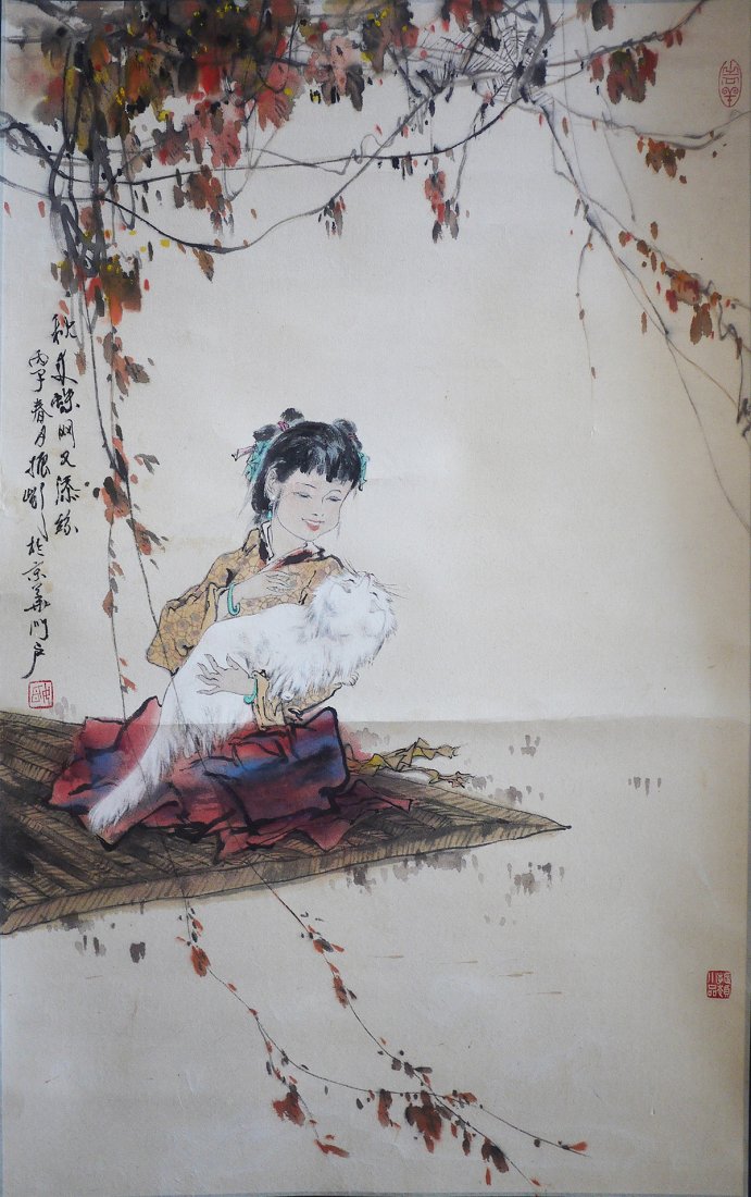 Zhen Ling Flower & Girl Figure Painting: 振领《人物画》。画工精美，层次分明。拍品尺寸: 168 cm x 46 cm。