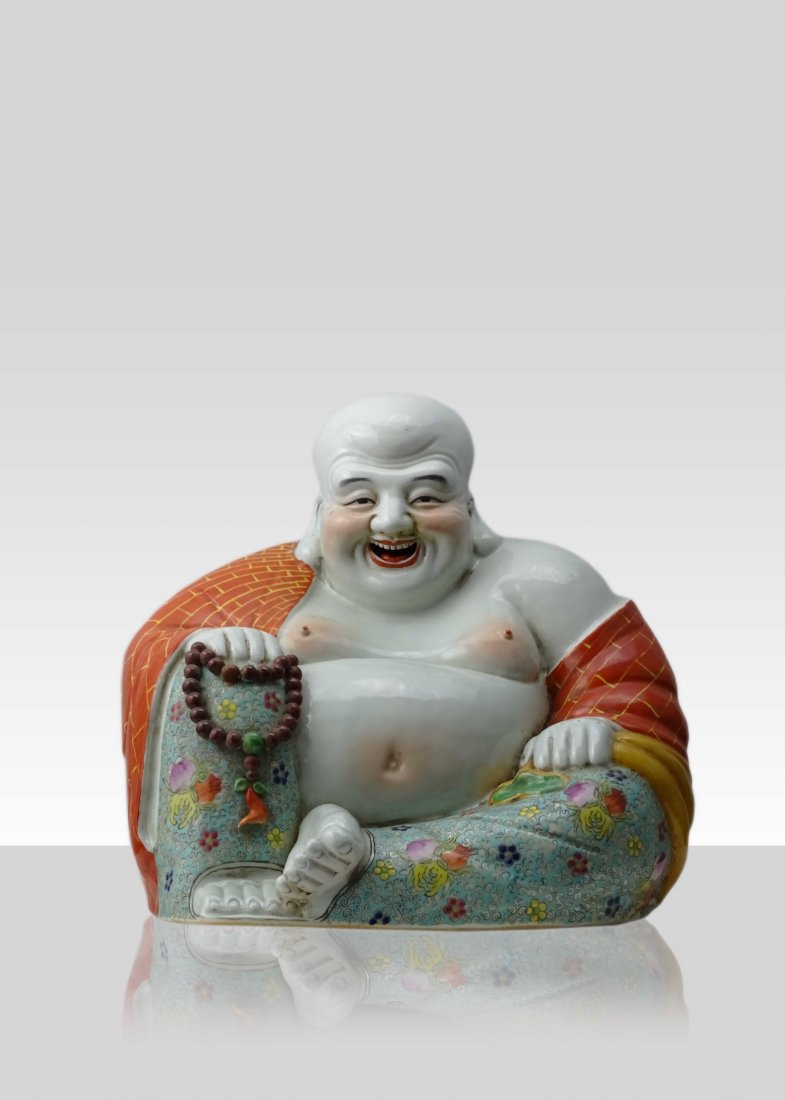 Ming Dynasty Porcelain Maitreya: Porcelain Maitreya Size Height 32 cm, Width 23 cm 明代瓷弥勒佛，拍品尺寸，高32厘米，宽23厘&#