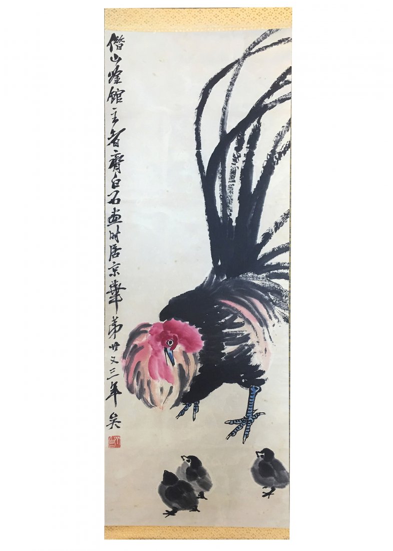 QI BAISHI: ROOSTER: QI BAISHI ROOSTERhanging scroll,paper Size： 90 x 32cm 约2.6平尺齐白石（1863-1957） 大吉图设色纸本ే