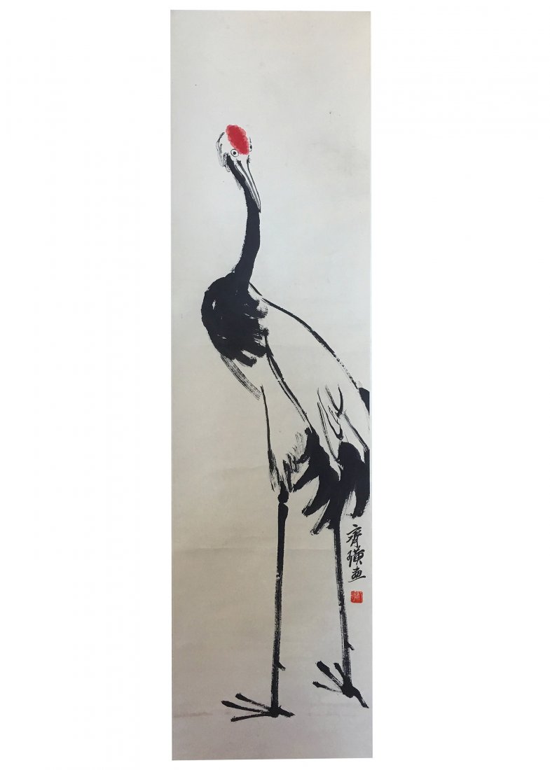 QI BAISHI :CRANE: QI BAISHI CRANEhanging scroll, ink and colour on paper133 x 34cm 齐白石（1863-1957） 鹤设色纸本立轴 款识：(