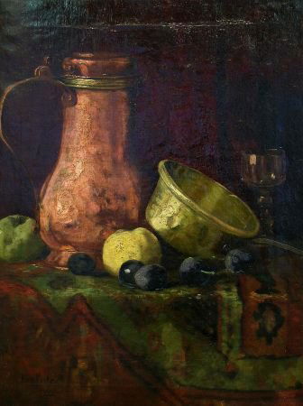 American School 20th Century STILL LIFE WITH GOBLET: American School 20th Century STILL LIFE WITH GOBLET AND FRUIT Bears signature Ben Foster and date XXX (ll) Oil on canvas 24 x 18 inches