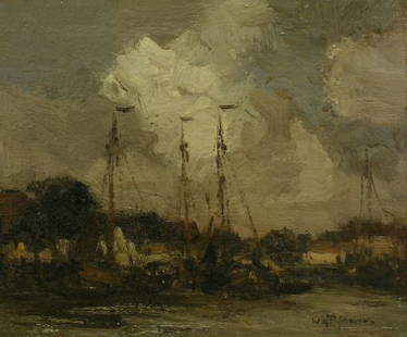 Willem George Frederik Jansen Dutch, 1871-1949 DU: Willem George Frederik Jansen Dutch, 1871-1949 DUTCH HARBOR SCENE Signed WGT Jansen (lr) Oil on panel 6 3/4 x 8 1/2 inches
