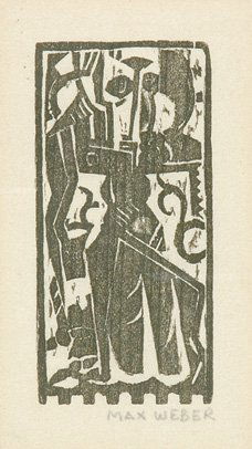 Max Weber STANDING FIGURE Woodcut: Max Weber STANDING FIGURE (RUBENSTEIN 47) Woodcut printed in dark olive green, 1954, printed on a sheet of laid paper folded vertically in half, pale lightstain and matstain, some darker staining at t