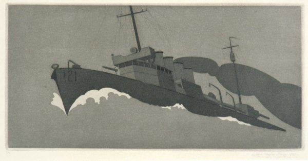 John Taylor Arms THIRTY KNOTS OR BETTER Etching a: John Taylor Arms THIRTY KNOTS OR BETTER (F. 42) Etching and aquatint, 1920, signed, dated, titled, inscribed and numbered 9/30, affixed with tape at top left sheet edge verso to back mat, old tape at