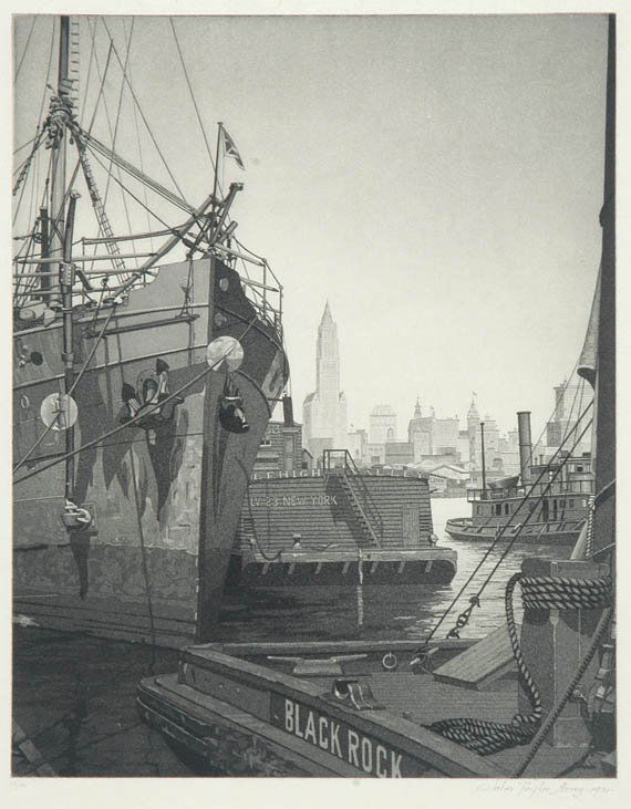 John Taylor Arms EARLY MORNING, NORTH RIVER Etchi: John Taylor Arms EARLY MORNING, NORTH RIVER (F. 100) Etching and aquatint, 1921, signed, dated and numbered 14/100 in pencil, affixed with tape at top sheet corners verso to back mat, minor soiling in