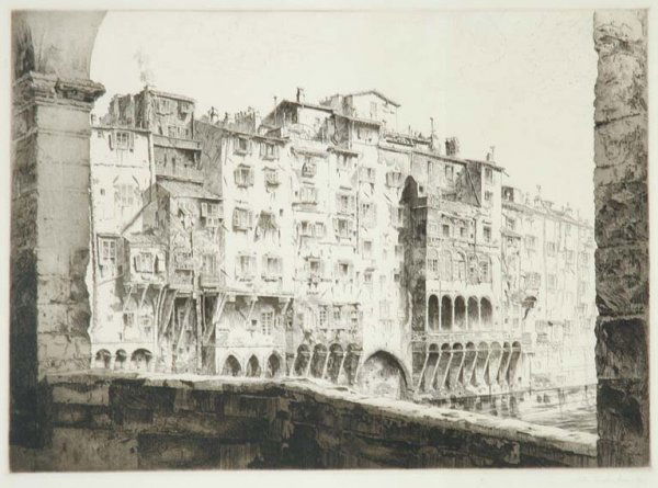 John Taylor Arms FROM THE PONTE VECCHIO, FLORENCE: John Taylor Arms FROM THE PONTE VECCHIO, FLORENCE (F. 159) Etching and aquatint, 1925, signed and dated in pencil, edition of 150, some (printer's?) ink at sheet edges, a small occlusion in the bottom