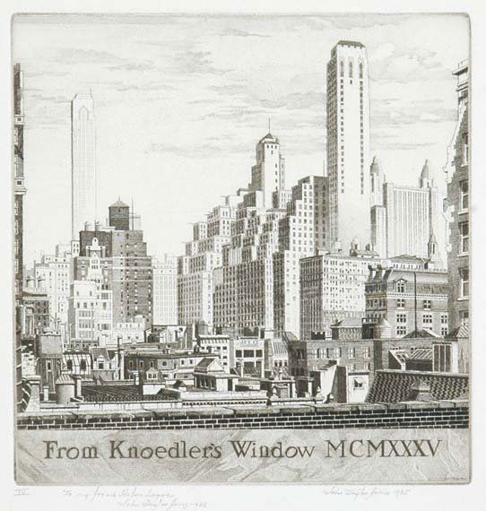 John Taylor Arms FROM KNOEDLER'S WINDOW Etching: John Taylor Arms FROM KNOEDLER'S WINDOW (F. 293) Etching, 1935, signed, dated, titled, inscribed IV, annoted sp and dedicated in pencil, old paper tape at top sheet corners verso, a small foxing spot