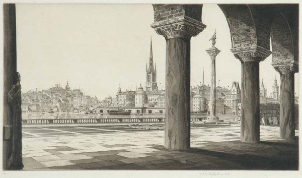 John Taylor Arms STOCKHOLM Etching and aquatint: John Taylor Arms STOCKHOLM (F. 346) Etching and aquatint, 1940, signed, dated, titled, inscribed III, annotated sp and dedicated To my friend Benton Spruance, with admiration for his own beautiful