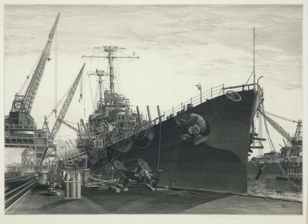 John Taylor Arms U.S.S. COLUMBIA UNDER CONSTRUCTI: John Taylor Arms U.S.S. COLUMBIA UNDER CONSTRUCTION AT THE NEW YORK SHIPBUILDING CORPORATION, CAMDEN, N.J. (F. 390) Etching and aquatint, 1945, signed, dated and inscribed II in pencil, edition of 766