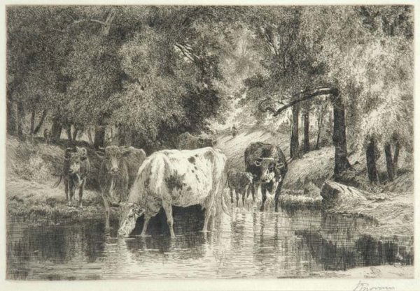 Peter Moran THE POOL; [COWS DRINKING FROM POND];: Peter Moran THE POOL; [COWS DRINKING FROM POND]; [SHEEP GRAZING]; [THE RETURN HOME] Etchings, the first three signed in pencil, the first with a small puncture in the bottom margin, the fourth with sc