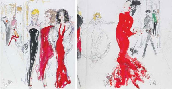Two Group Sketches: Two Group Sketches Signed Eula Depicting Stephen Burrows, Fernando Sanchez, D.D. Ryan, the Supremes, Berry and Marisa Berenson, Diane von Furstenburg, Lauren Bacall, Lauren Bacall, Liza Minelli (in E