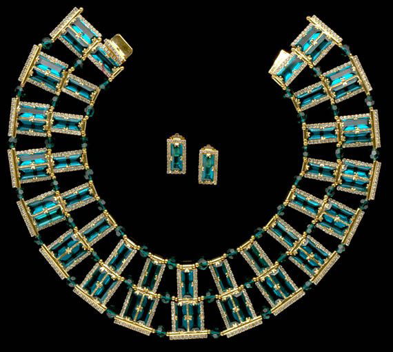 Wm de Lillo Pyramid Necklace and Earring Set: Wm de Lillo Pyramid Necklace and Earring Set Designed by Robert F. Clark, American, 1968 Constructed soldered motifs with 6/18 mm settings ornated with antique Czechoslovakian faceted faux emerald st