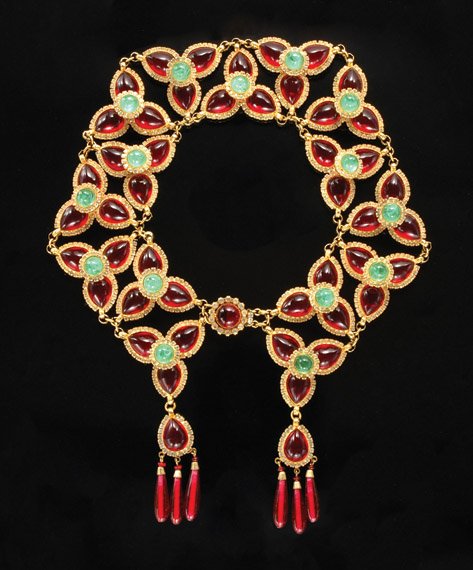 Wm de Lillo Hexagon Necklace: Wm de Lillo Hexagon Necklace Designed by Robert F. Clark, American, circa 1969 Constructed articulated triangular jeweled motifs mounted with pearshaped faux ruby cabochons centered with a raised