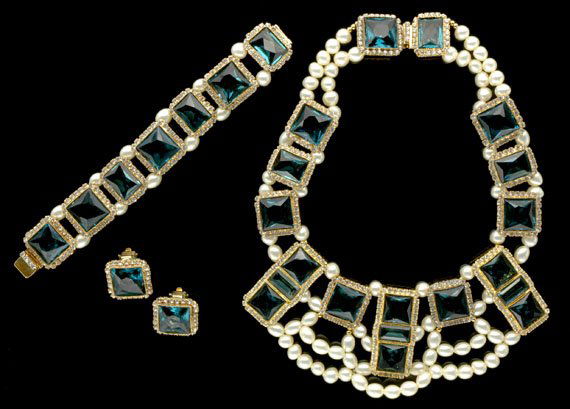Wm de Lillo Faux Zircon Suite: Wm de Lillo Faux Zircon Suite Designed by Robert F. Clark, American, circa 1970 Bib necklace, bracelet and earrings, one of a kind, hand soldered design motifs set with antique Czechoslovakian facete