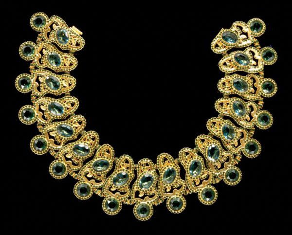 Wm de Lillo Lyre Collar: Wm de Lillo Lyre Collar Designed by Robert F. Clark, American, 1976 Hand soldered Lyre motifs mounted with antique bezel set faceted 15 mm green Swarovski tourmaline stones and 13/18mm oval faux