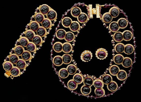 Wm de Lillo Jeweled Collar, Bracelet and Earring: Wm de Lillo Jeweled Collar, Bracelet and Earring Set Designed by Robert F. Clark, American, circa 1970 Hand constructed design motifs mounted with twin bezel set 18 mm German fluted faux amethyst cab