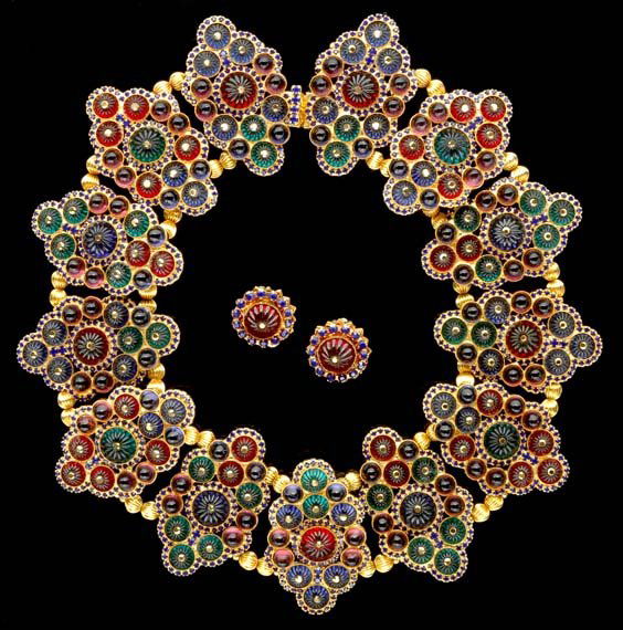 Wm de Lillo Persian Fantasy Collar and Earring Se: Wm de Lillo Persian Fantasy Collar and Earring Set Designed by Robert F. Clark, American, 1971 Hand soldered design compositions mounted with colorful ornamentation of antique bezel set German ridged