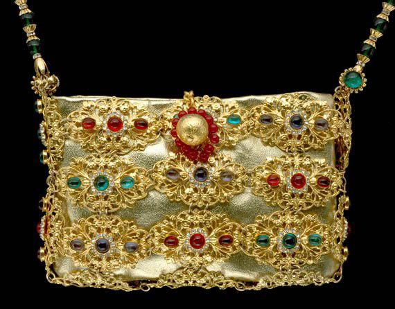 Wm de Lillo Jeweled Evening Bag: Wm de Lillo Jeweled Evening Bag Designed by Robert F. Clark, American, circa 1969 Linked jeweled filigrees ornated with soldered faux diamond rosettes with German faux ruby, sapphire and emerald cent