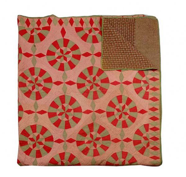 Compass and Star Quilt: Compass and Star Quilt American, 1840-1860 Red and green solid fabrics, compass and star on red/white calico background with diamond red and green border, brown lozenge print backing, 9-11 per inch,