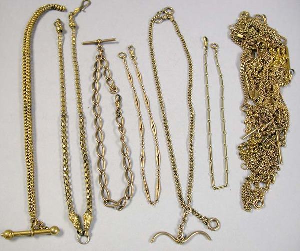 Group of Assorted Chains: Group of Assorted Chains Yellow gold and metal, comprising assorted chains and bracelets, total approximately 273 dwt.