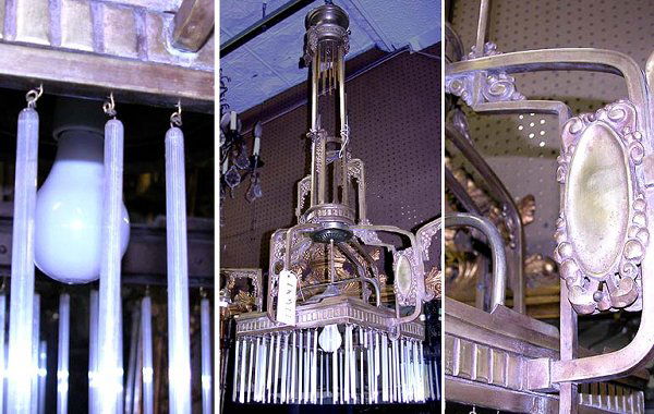 Art Deco Brass and Glass Five-Light Chandelier: Art Deco Brass and Glass Five-Light Chandelier Of architectural form, the upper section in the shape of a column adorned with pendant grape clusters, the lower section shaped as two double and two si