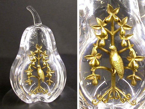 Steuben Colorless Glass and Gilt-Metal Partridge: Steuben Colorless Glass and Gilt-Metal Partridge in a Pear Tree Sculpture Of pyriform. Height 6 1/2 inches.