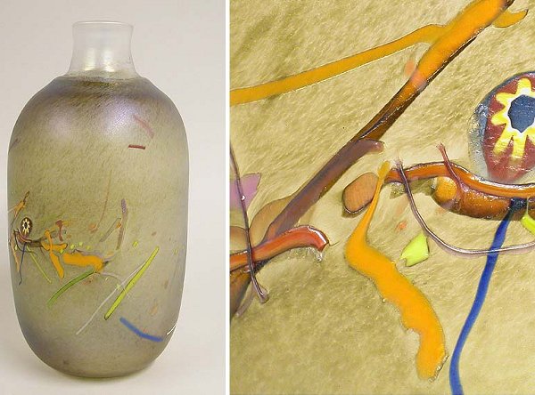 Bertil Vallien Boda Iridescent Glass Vase: Bertil Vallien Boda Iridescent Glass Vase Of ovoid form, in clear glass and partially cased, decorated with red, orange, green and lavender canes of glass, partially marvered, and with multi-hued gol