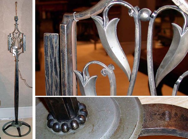 Marcel Bergue Art Deco Wrought Iron Lamp: Marcel Bergue Art Deco Wrought Iron Lamp Decorated with six stylized leaves issuing from a central stem. Height 58 1/4 inches.