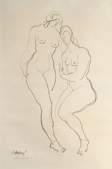 Alexander Archipenko TWO WOMEN, ONE SEATED Lithog: Alexander Archipenko TWO WOMEN, ONE SEATED (KARSHAN 21) Lithograph, 1921, signed in pencil, on Japan, from Dreizehn Steinzeichnungen, edition of 60, pale lightstain and matstain, minor foxing and soil