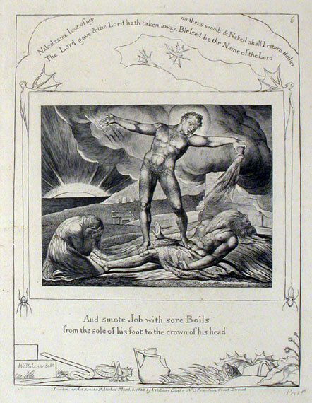 William Blake SATAN SMITING JOB WITH BOILS Engrav: William Blake SATAN SMITING JOB WITH BOILS (BINDMAN 631) Engraving, 1825, from the 'proof' edition of 215, from Illustrations of the Book of Job, published by the artist and John Linnell, London, laid