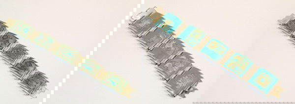 Two Perli Link Bracelets: Two Perli Link Bracelets Germany, circa 1955 Each silver plated and enameled tombac, the first with each link bearing different floral design in yellow, green and blue, length 7 inches, signed: P