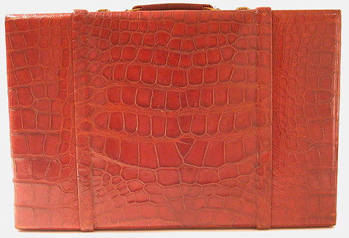 Morabito Brown Alligator Jewelry Traveling Case: Morabito Brown Alligator Jewelry Traveling Case French, 1940s Comprising three compartments, one central and two side, 23 x 15 x 4, labeled: Morabito/Paris. Exterior very good condition, interior lac