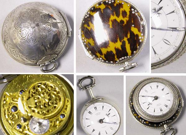 Large Calandra Silver Watch: Large Calandra Silver Watch Edward Prior, London, No. 73123 Quadruple case open face watch, first case is silver and engraved with floral motif, second case is tortoise shell with engraved silver pipi