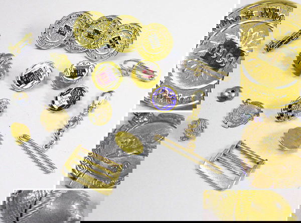 Group of Assorted Gold and Gold-Filled Items: Group of Assorted Gold and Gold-Filled Items Comprising an open face pocket watch, a compass, three pins, a retractable pencil, a pendant, a picture frame and assorted fragments.