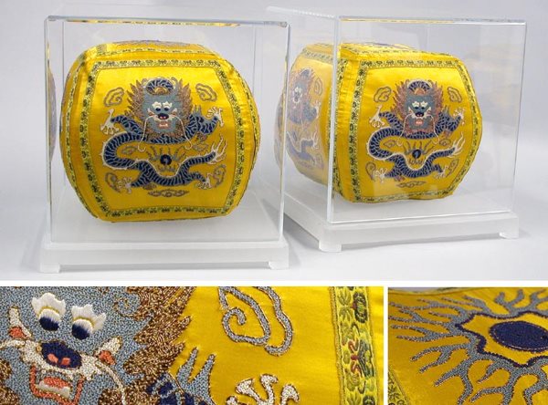 Two Chinese Silk Embroidered Dragon Decorated Pil