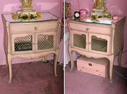 Pair of Louis XV Style Painted Side Cabinets: Pair of Louis XV Style Painted Side Cabinets Each with a mirrored top. Height 29 inches, width 24 inches, depth 16 inches.