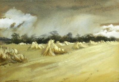 Manner of John Constable HAYSTACKS: Manner of John Constable HAYSTACKS Inscribed cold grey/all over sky/with darker/Blue Clouds (ur) Watercolor and gouache over graphite pencil on blue paper 5 x 7 inches