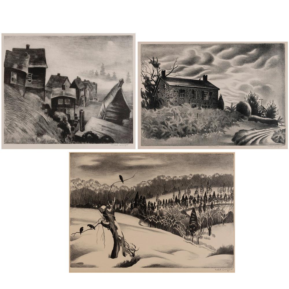 Mabel Dwight (1876-1955) FISHING VILLAGE, NOVA SCOTIA;: Mabel Dwight (1876-1955) FISHING VILLAGE, NOVA SCOTIA; LONELY HOUSE; WINTER (ROBINSON/PIROG 57; 93; 109) Three lithographs, 1931, 1937 and 1945, respectively, signed, the second titled, in pencil, the