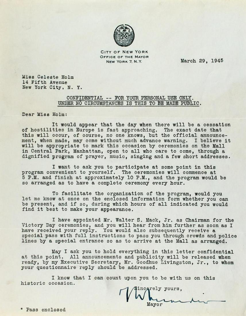 LaGUARDIA, FIORELLO Typed letter signed to Celeste Holm (1 of 2)