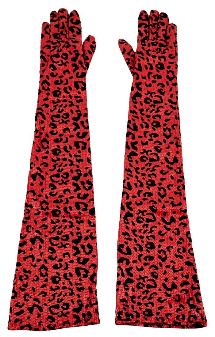 LAVERNE COX Pair of replica gloves Rocky Horror Picture: LAVERNE COX Pair of replica gloves of those worn in Rocky Horror Picture Show, 2016. The gloves with a sequin leopard print in red and black. Donor: Laverne Cox This lot is accompanied by a signed doc