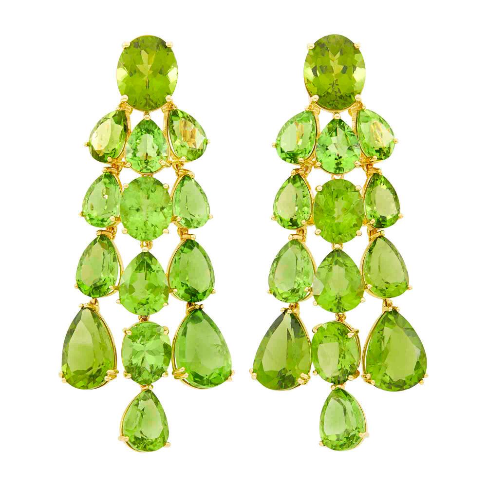 Pair of Gold and Peridot Pendant-Earclips: Pair of Gold and Peridot Pendant-Earclips 18 kt., the triple strand fringe topped by 2 oval peridots, vertically-set with 26 oval and pear-shaped peridots, totaling ap. 80.35 cts. C