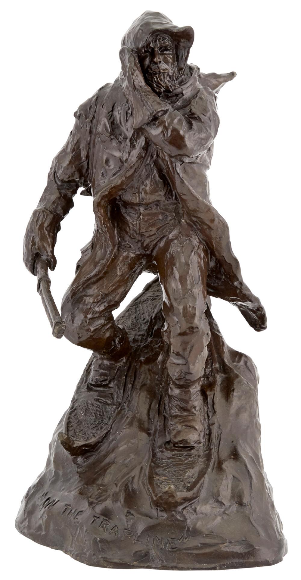 Bob Scriver American, 1914-1999 On the Trapline, 1977: Bob Scriver American, 1914-1999 On the Trapline, 1977 Signed and dated Bob Scriver 1997, numbered 22/100 and inscribed as titled Bronze with brown patina Height 14 inches C Estate of Mildred C. Brinn